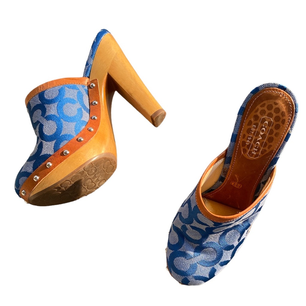 COACH Vintage Bacall Signature Logo Blue Platform Heeled Clogs Mules - 5 - Picture 2 of 14